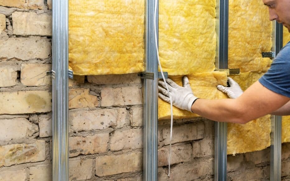 Pose de laine de verre sur un mur intérieur