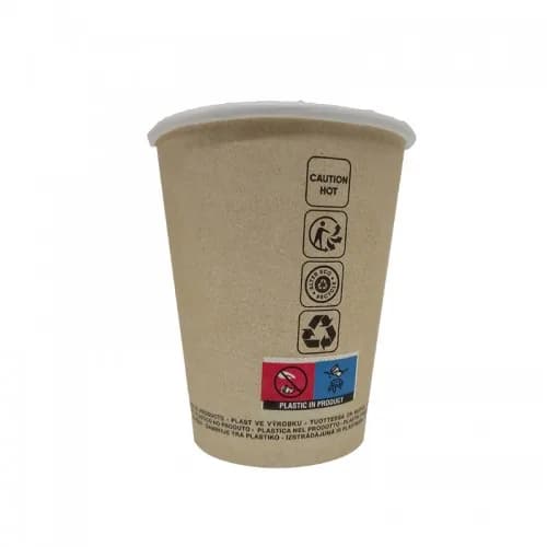 Gobelet à café jetable en carton, portant le logo du recyclage et la mention « plastic in product »