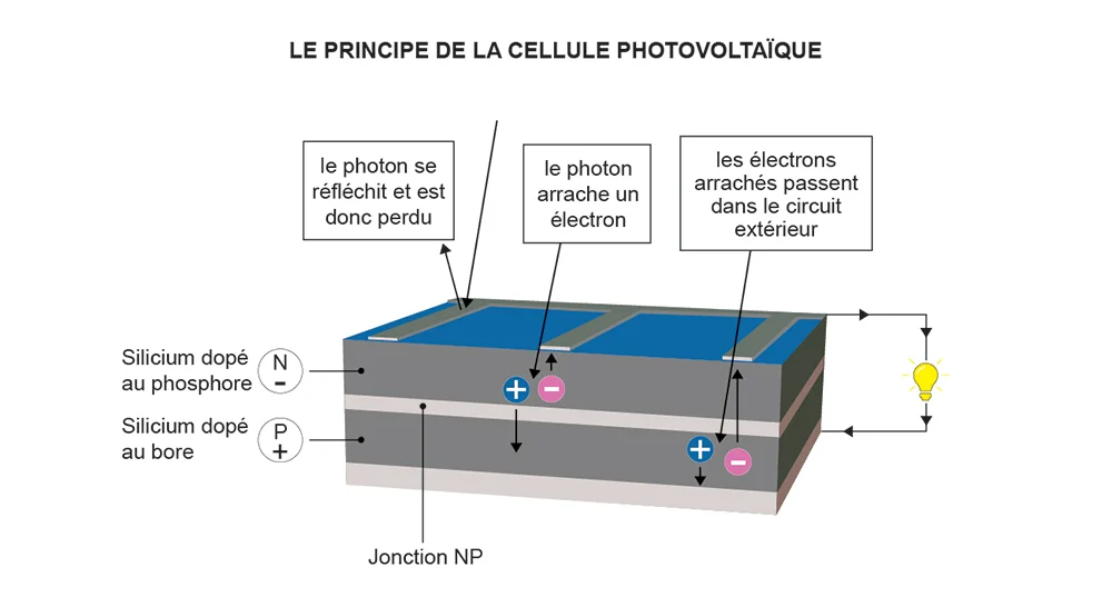 Coupe d'une cellule photovoltaïque : silicium dopé au phosphore, silicium dopé au bore, jonction NP, et le trajet de l'électron arraché par le photon jusqu'au circuit extérieur.