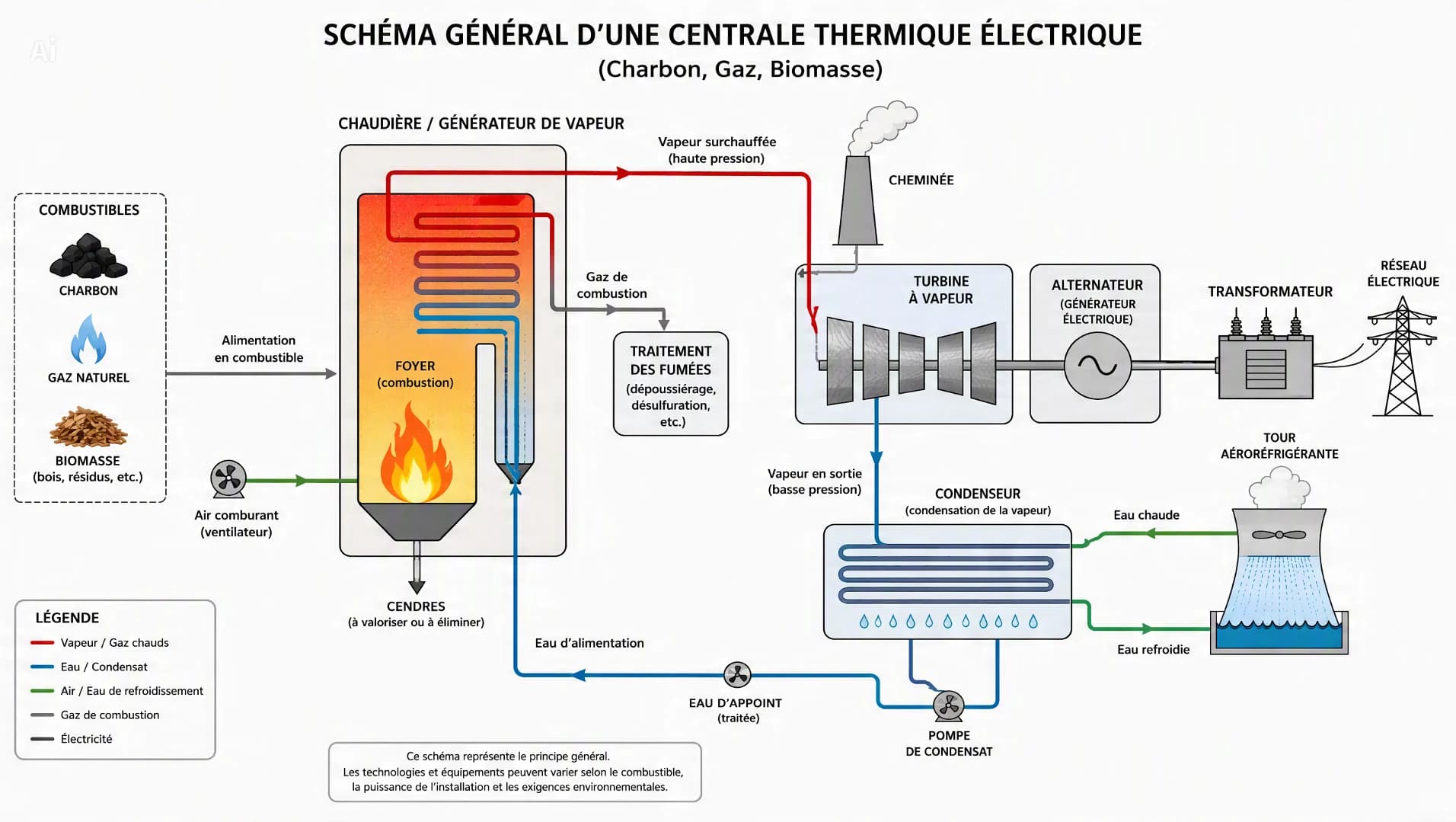 Schéma général d'une centrale thermique, au charbon, au gaz ou à la biomasse : foyer et chaudière, traitement des fumées et cheminée, turbine à vapeur, alternateur et transformateur, puis condenseur, tour aéroréfrigérante et pompe de condensat qui ramènent l'eau à la chaudière.