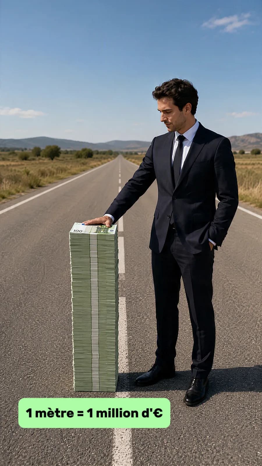 Homme en costume à côté d'une pile de billets de 100 € haute d'environ un mètre, sur une route de campagne. Légende : 1 mètre = 1 million d'euros