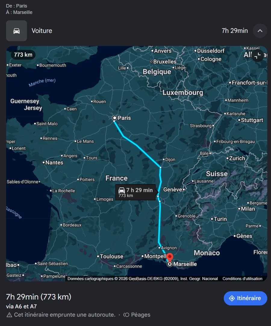 Capture Google Maps de l'itinéraire Paris-Marseille : 773 km par la route, 7 h 29 de trajet en voiture par l'A6 et l'A7