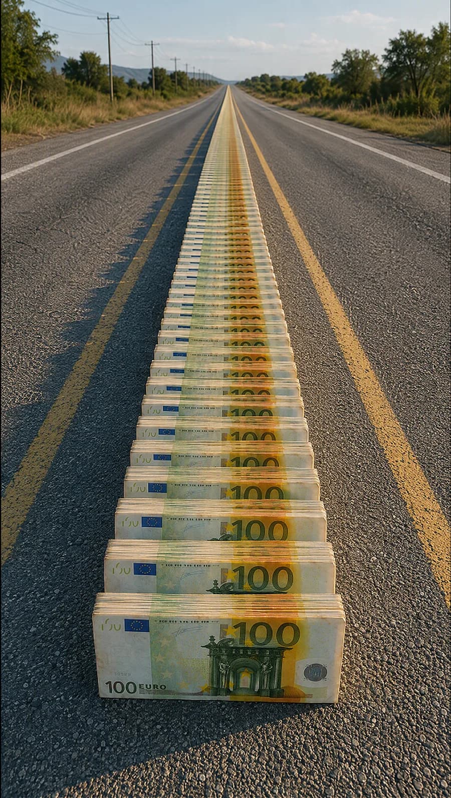 Longue ligne de liasses de billets de 100 € posées les unes derrière les autres au milieu d'une route de campagne qui s'étire jusqu'à l'horizon