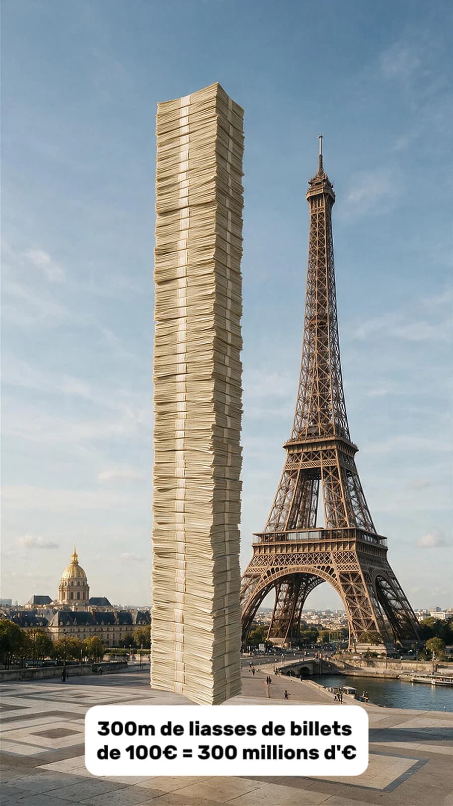 Photomontage : une immense pile verticale de liasses de billets de 100 €, de la hauteur de la Tour Eiffel, se dresse sur le parvis du Trocadéro à Paris, à côté de la vraie Tour Eiffel. Légende : 300 m de liasses de billets de 100 € = 300 millions d'euros