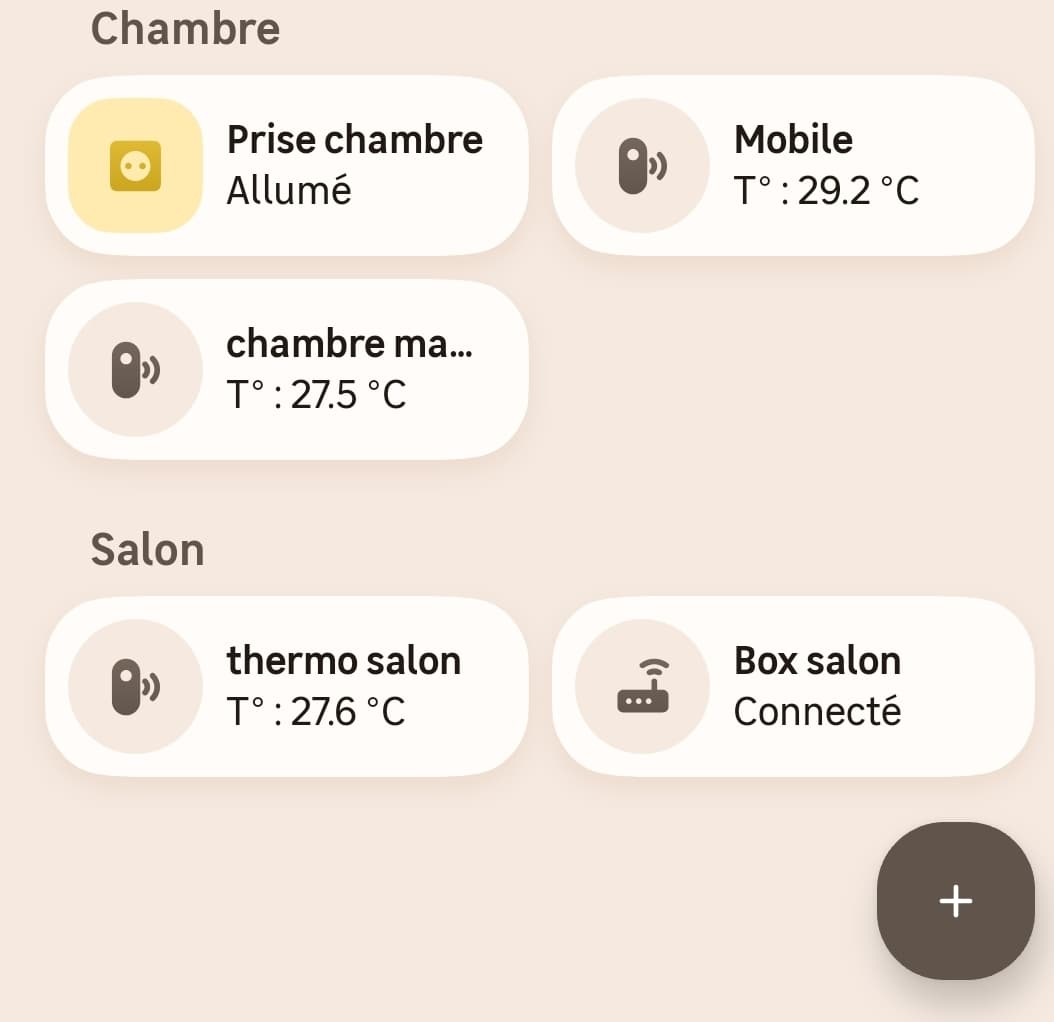 Liste des capteurs Enki dans l'application, avec la température de chaque pièce